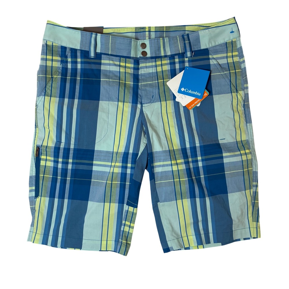 Columbia Saturday Trail II Plaid Shorts Womens 16 Blue Lime Green AL8673-498 NEW